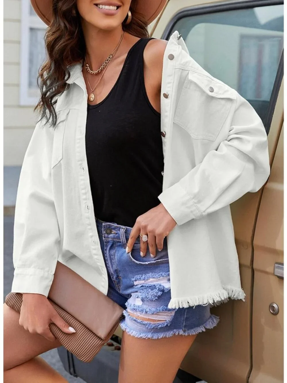 Women's White Denim Button Down Oversized Distressed Boyfriend Jean Jacket
